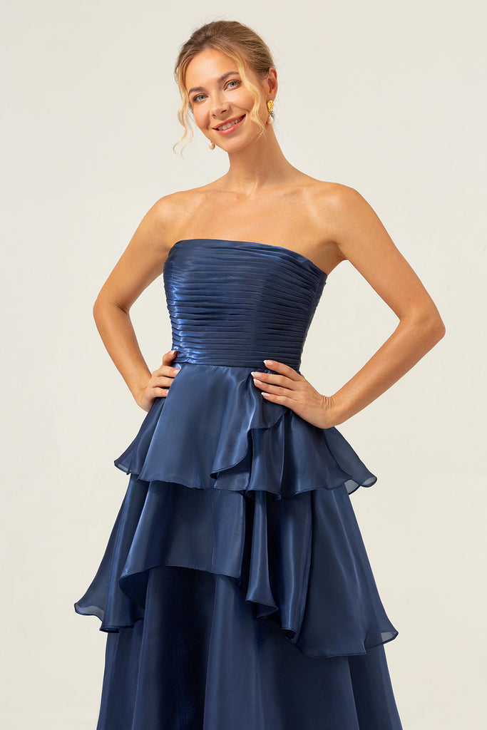 Dark Navy Chiffon A-line Strapless Long Prom/Bridesmaid Dresses main image 1
