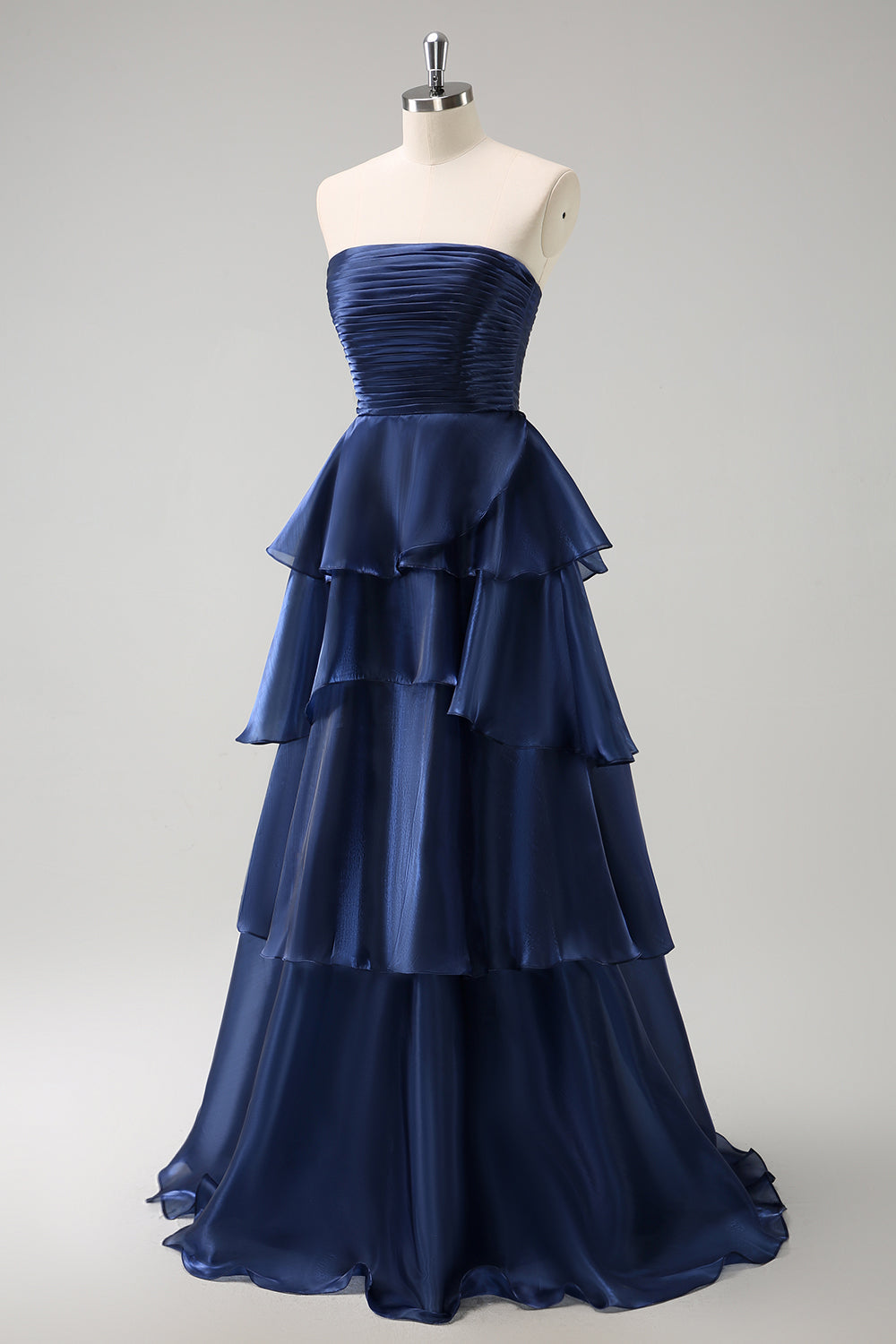 Zapaka Women Dark Navy Strapless Tiered Bridesmaid Dress Pleated Satin A-line Wedding Party Dress, Dark Navy / US12