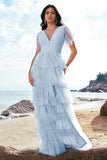 Grey Blue A-Line V Neck Tulle Long Tiered Bridesmaid Dress with Slit