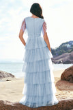 Grey Blue A-Line V Neck Tulle Long Tiered Bridesmaid Dress with Slit