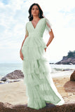Grey Blue A-Line V Neck Tulle Long Tiered Bridesmaid Dress with Slit