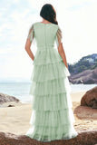 Grey Blue A-Line V Neck Tulle Long Tiered Bridesmaid Dress with Slit