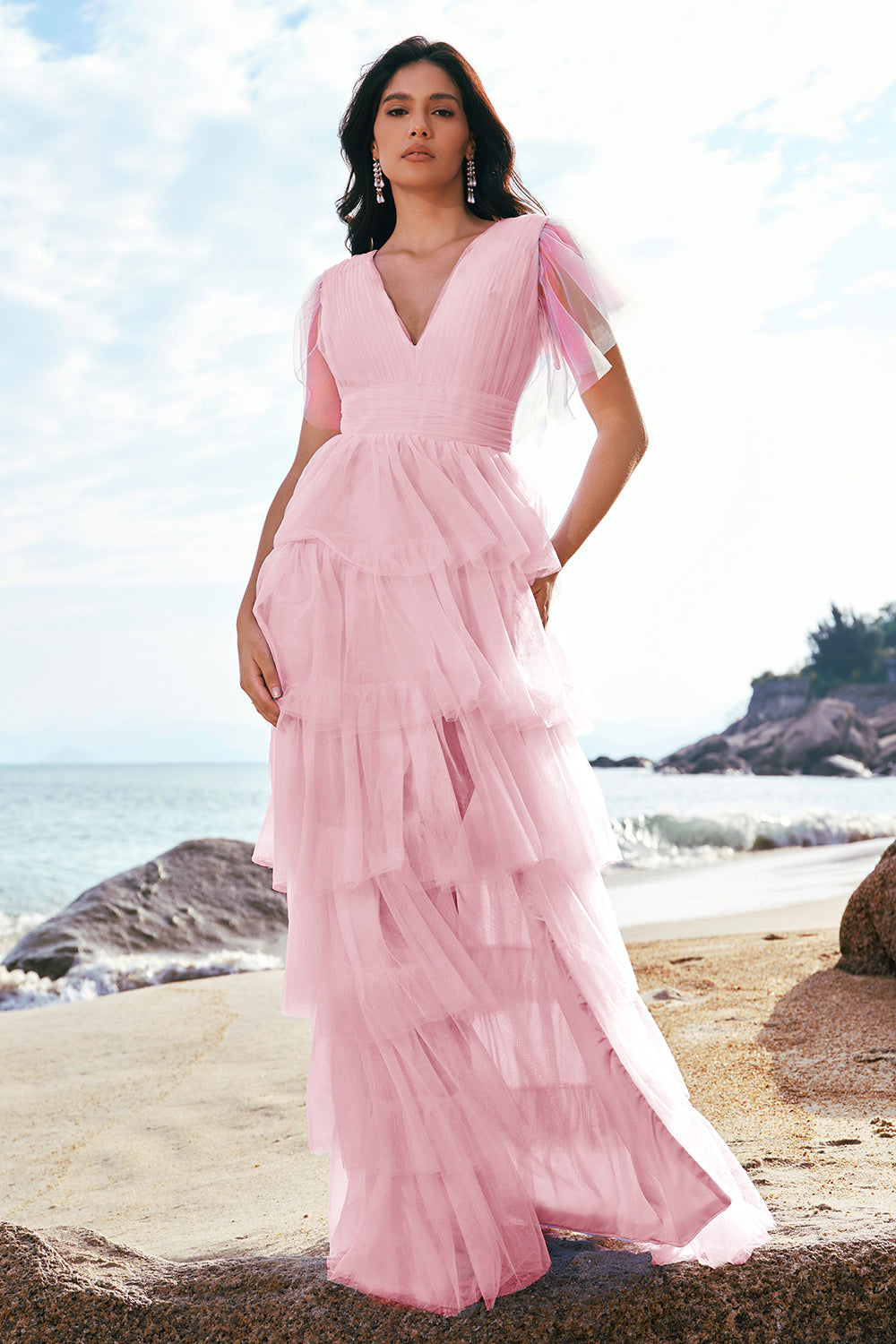 Grey Blue A-Line V Neck Tulle Long Tiered Bridesmaid Dress with Slit
