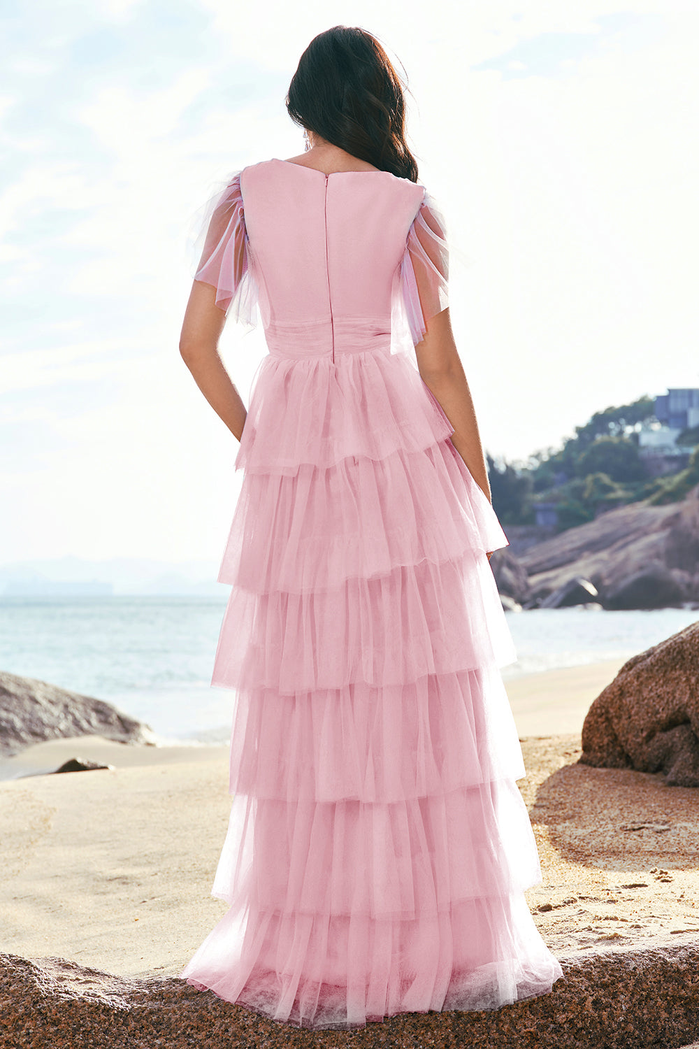 Grey Blue A-Line V Neck Tulle Long Tiered Bridesmaid Dress with Slit