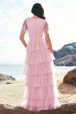 Grey Blue A-Line V Neck Tulle Long Tiered Bridesmaid Dress with Slit
