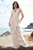 Grey Blue A-Line V Neck Tulle Long Tiered Bridesmaid Dress with Slit