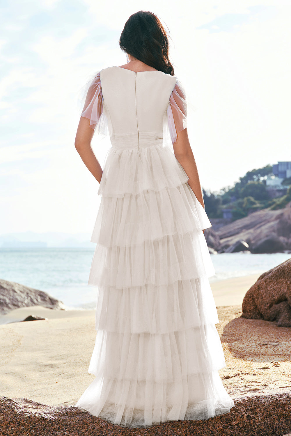 Grey Blue A-Line V Neck Tulle Long Tiered Bridesmaid Dress with Slit