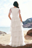 Grey Blue A-Line V Neck Tulle Long Tiered Bridesmaid Dress with Slit