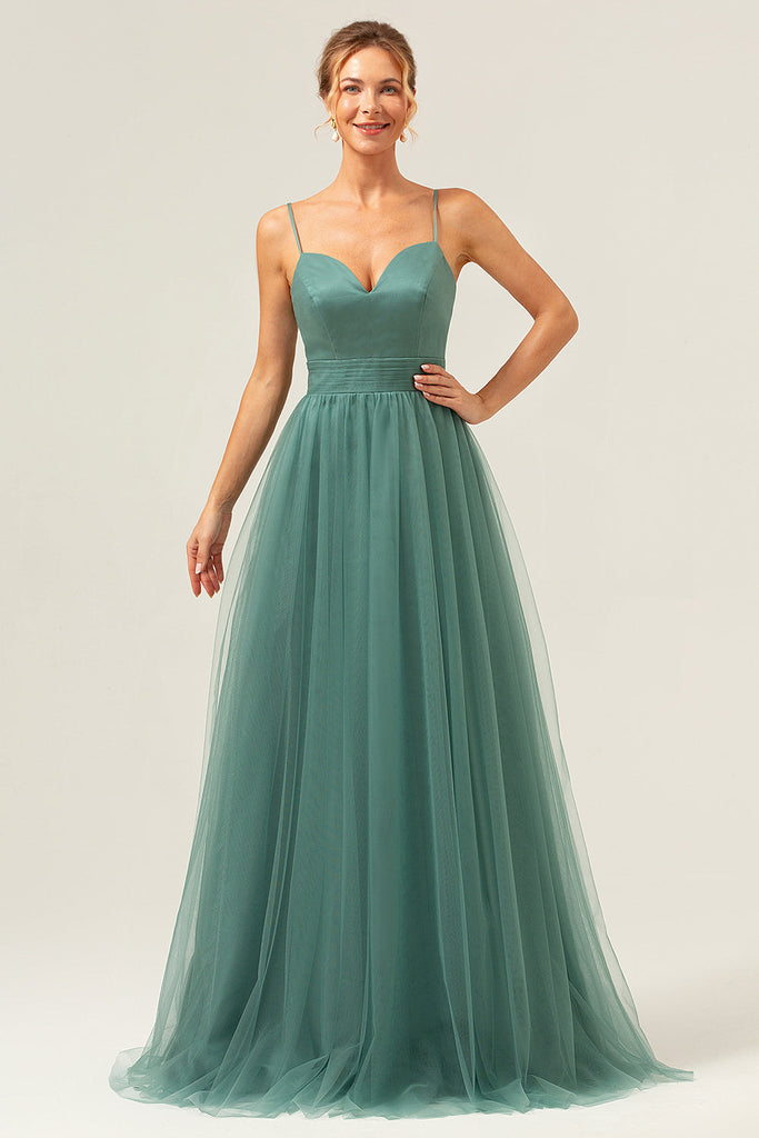 Eucalyptus Spaghetti Straps A Line Bridesmaid Dress with Slit