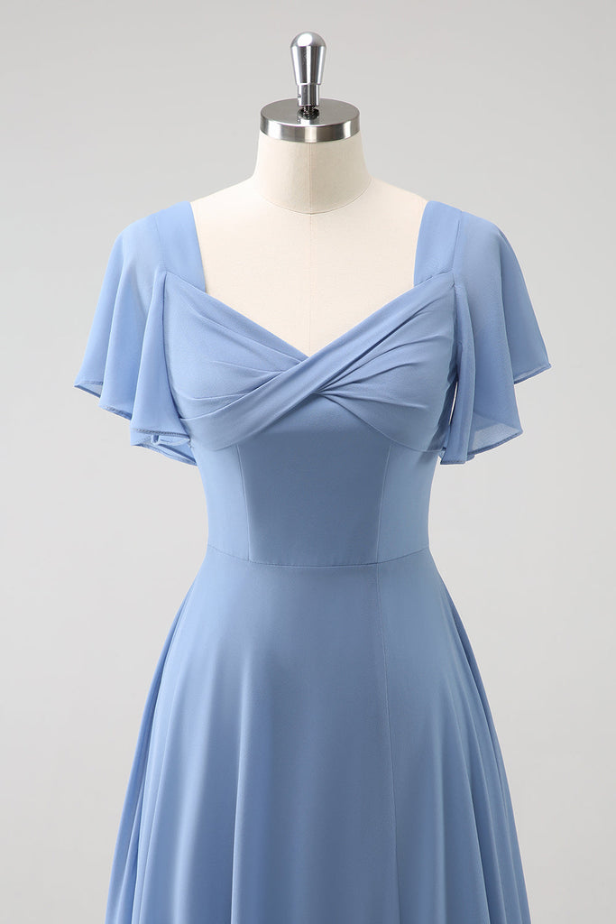 Zapaka Women Grey Blue Bridesmaid Dress with Slit A Line Chiffon Long