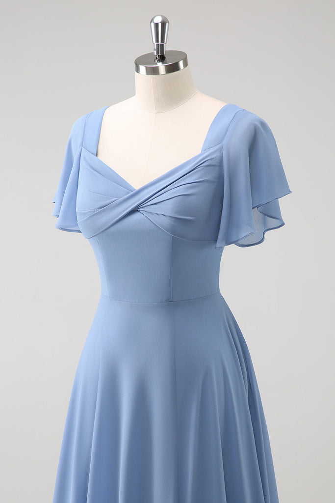A Line Grey Blue Sequin Long Sleeves Bridesmaid Dress