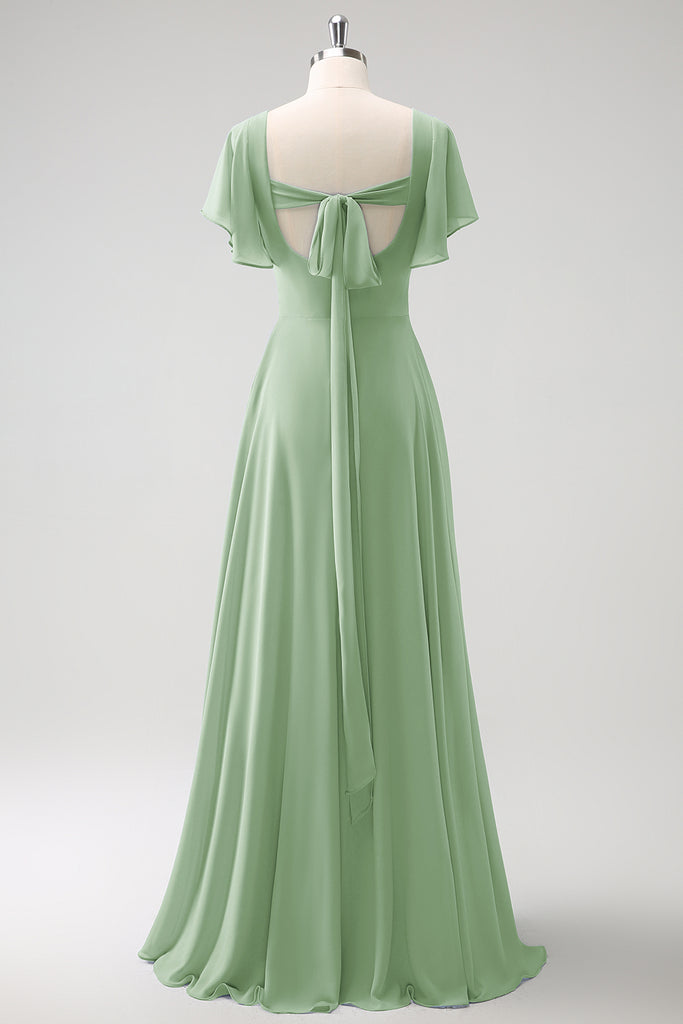 Grey blue A-line floor mopping chiffon slit bridesmaid dress