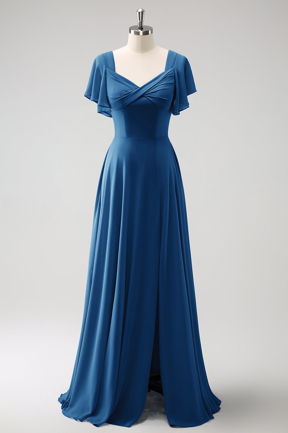 Zapaka Women Grey Blue Bridesmaid Dress with Slit A Line Chiffon Long Wedding Guest Dress with Puff Sleeves Zapaka Women Grey Blue Bridesmaid Dress with Slit A Line Chiffon Long Wedding Guest Dress with Puff Sleeves