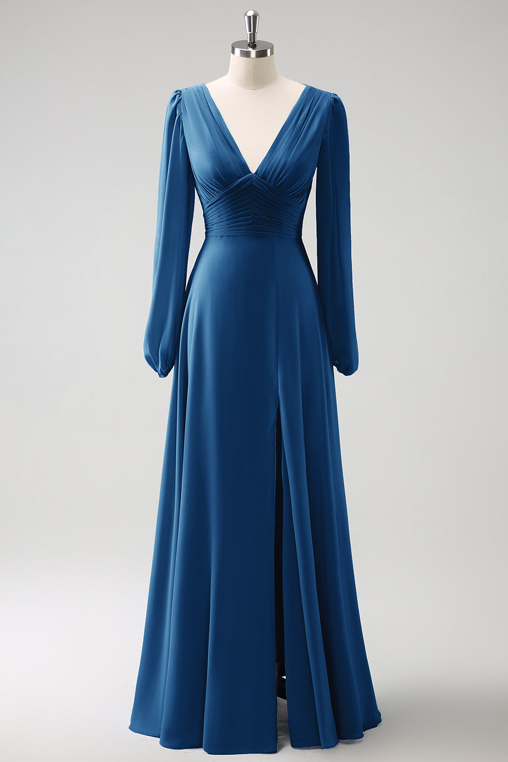 Zapaka Women Grey Blue Bridesmaid Dress with Long Sleeves V-Nack Chiffon A Line Wedding Guest Dress with Slit Zapaka Women Grey Blue Bridesmaid Dress with Long Sleeves V-Nack Chiffon A Line Wedding Guest Dress with Slit
