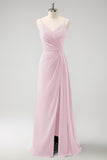 Blush Pink Spaghetti Straps Ruche Long Bridesmaid Dress with Slit