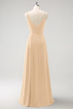 Blush Pink Spaghetti Straps Ruche Long Bridesmaid Dress with Slit