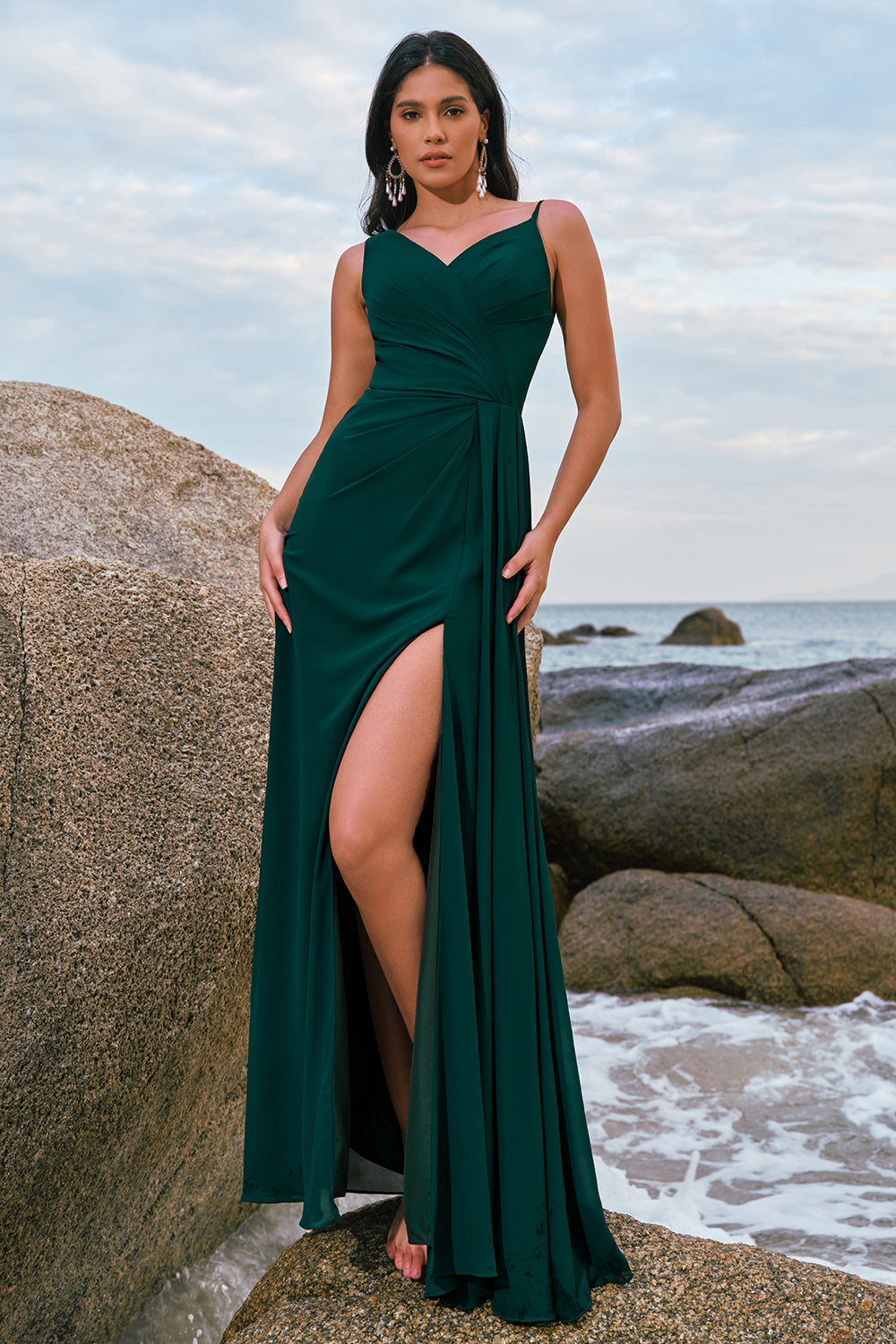 Zapakasa Women Dark Green Bridesmaid Dress with Slit Spaghetti Straps Ruche Long Wedding Guest Dress Zapakasa Women Dark Green Bridesmaid Dress with Slit Spaghetti Straps Ruche Long Wedding Guest Dress