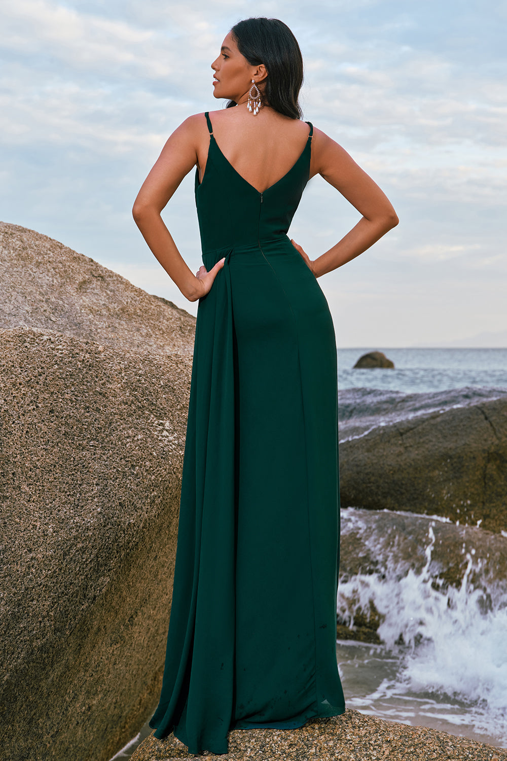 Zapakasa Women Dark Green Bridesmaid Dress with Slit Spaghetti Straps Ruche Long Wedding Guest Dress Zapakasa Women Dark Green Bridesmaid Dress with Slit Spaghetti Straps Ruche Long Wedding Guest Dress