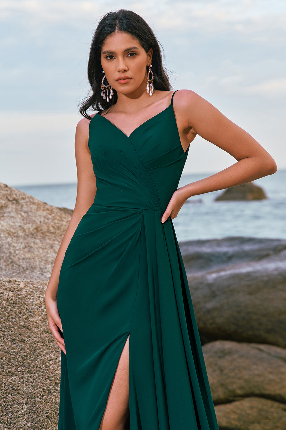 Zapakasa Women Dark Green Bridesmaid Dress with Slit Spaghetti Straps Ruche Long Wedding Guest Dress Zapakasa Women Dark Green Bridesmaid Dress with Slit Spaghetti Straps Ruche Long Wedding Guest Dress