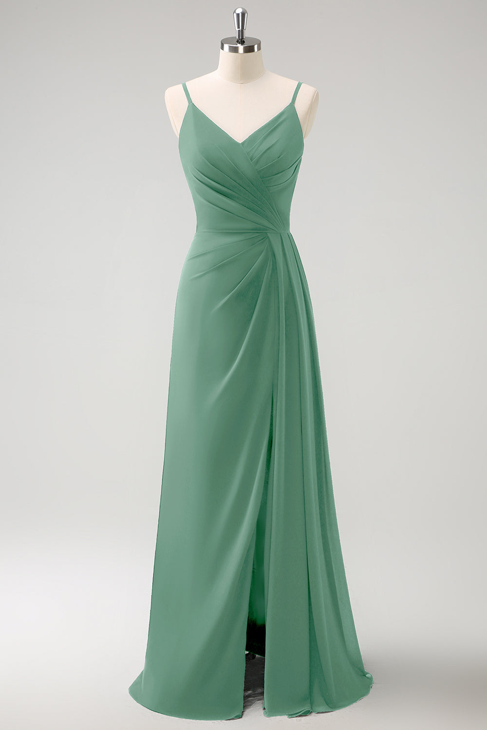 Blush Pink Spaghetti Straps Ruche Long Bridesmaid Dress with Slit