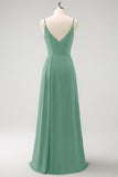 Blush Pink Spaghetti Straps Ruche Long Bridesmaid Dress with Slit