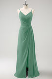 Blush Pink Spaghetti Straps Ruche Long Bridesmaid Dress with Slit