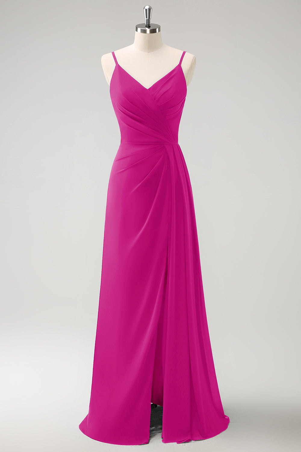 Blush Pink Spaghetti Straps Ruche Long Bridesmaid Dress with Slit