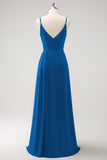 Blush Pink Spaghetti Straps Ruche Long Bridesmaid Dress with Slit