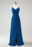 Blush Pink Spaghetti Straps Ruche Long Bridesmaid Dress with Slit