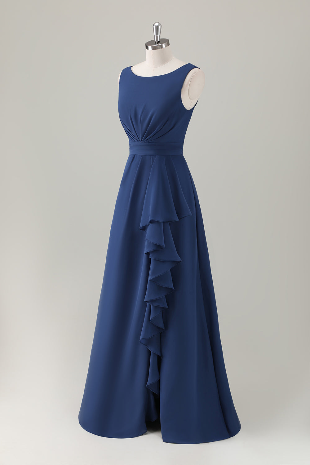 midnight blue maid of honor dresses ZAPAKA Women Dark Blue Bridesmaid Dress with Slit A-Line Sleeveless Long Ruffle Wedding Party Dress