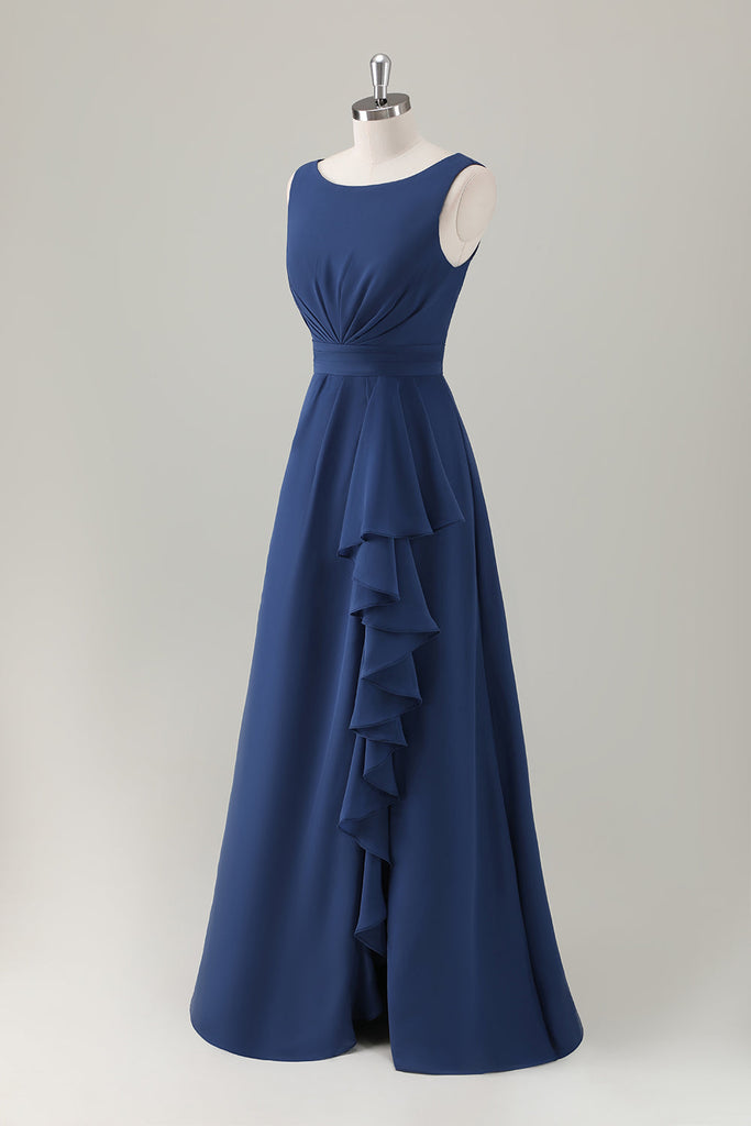 ZAPAKA Women Dark Blue Bridesmaid Dress with Slit A-Line Sleeveless
