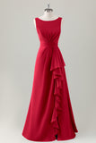 Dark Blue A-Line Ruffle Long Bridesmaid Dress with Slit