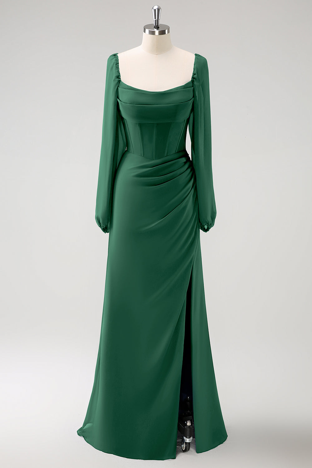 Eucalyptus Sheath Square Neck Chiffon Long Sleeves Long Bridesmaid Dress with Slit