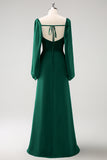 Eucalyptus Sheath Square Neck Chiffon Long Sleeves Long Bridesmaid Dress with Slit