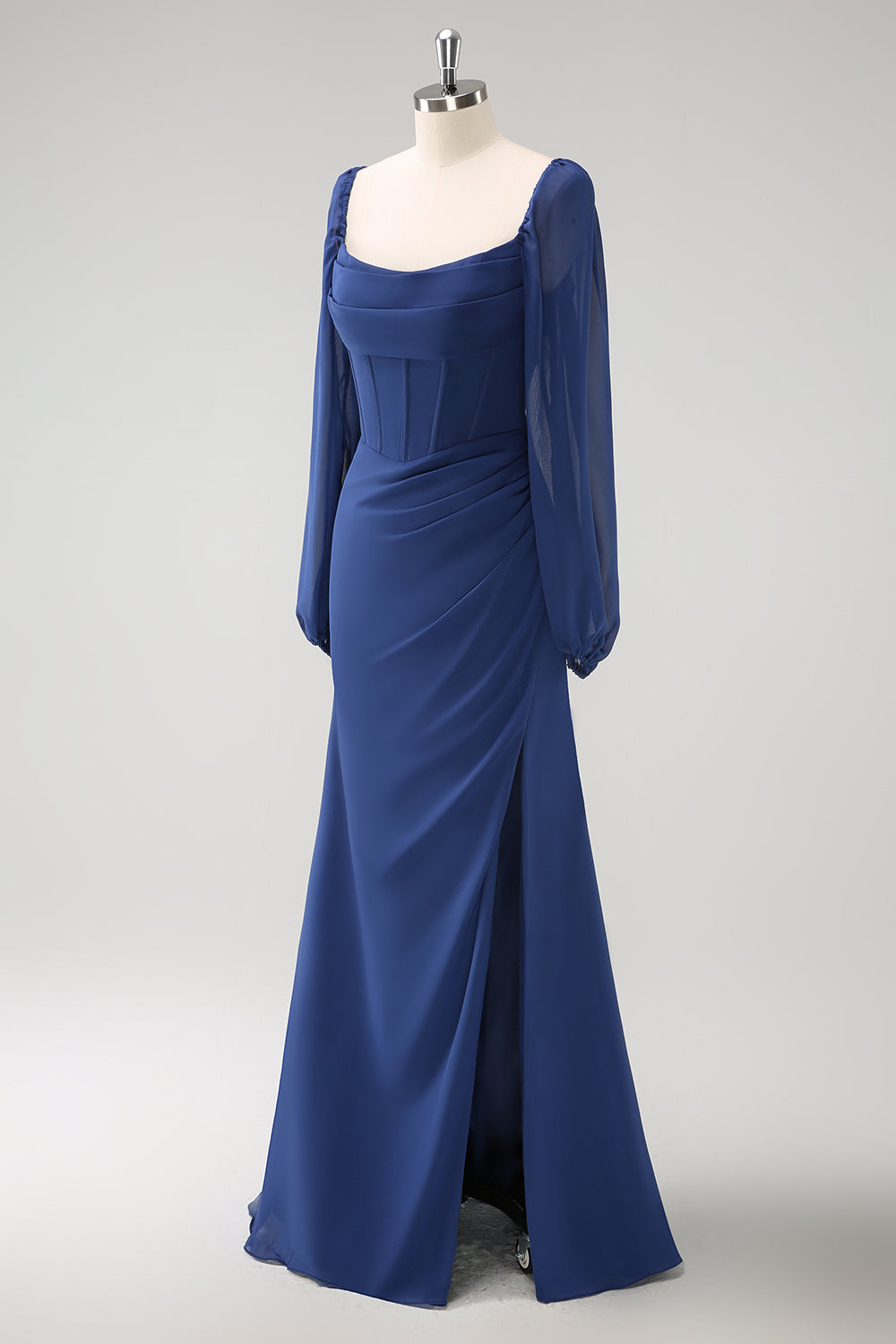 Zapakasa Women Dark Blue Bridesmaid Dress Square Neck Chiffon Long Sleeves Sheath Long Wedding Guest Dress with Slit Zapakasa Women Dark Blue Bridesmaid Dress Square Neck Chiffon Long Sleeves Sheath Long Wedding Guest Dress with Slit