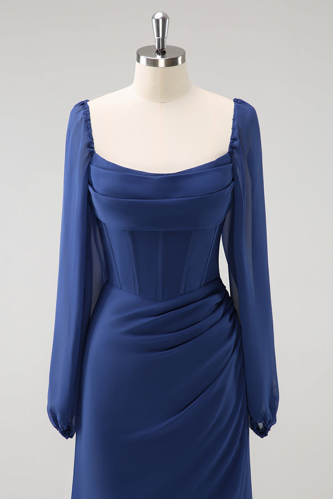 Zapakasa Women Dark Blue Bridesmaid Dress Square Neck Chiffon Long