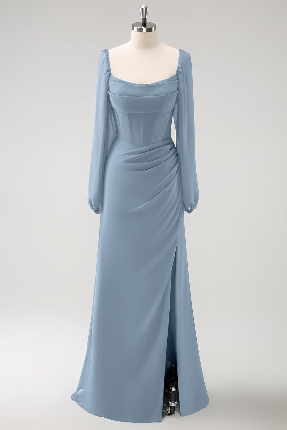 Zapakasa Women Dark Blue Bridesmaid Dress Square Neck Chiffon Long Sleeves Sheath Long Wedding Guest Dress with Slit Zapakasa Women Dark Blue Bridesmaid Dress Square Neck Chiffon Long Sleeves Sheath Long Wedding Guest Dress with Slit