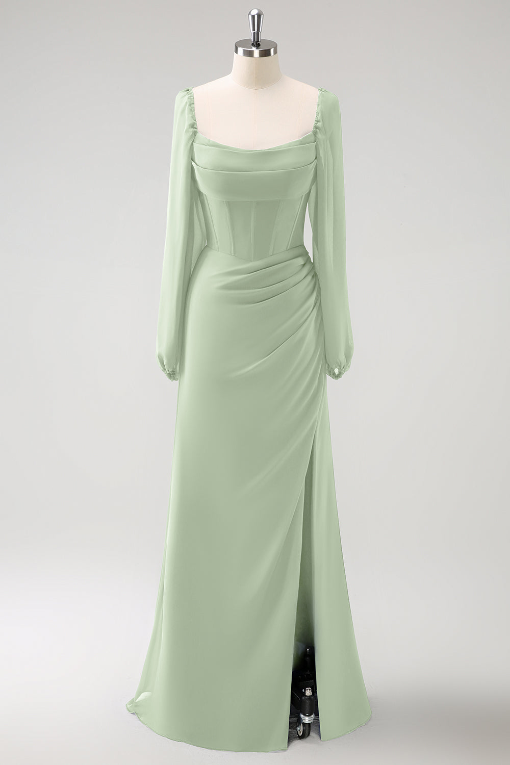 Zapakasa Women Dark Blue Bridesmaid Dress Square Neck Chiffon Long Sleeves Sheath Long Wedding Guest Dress with Slit Zapakasa Women Dark Blue Bridesmaid Dress Square Neck Chiffon Long Sleeves Sheath Long Wedding Guest Dress with Slit