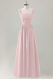 Champagne A-Line Square Neck Corset Long Bridesmaid Dress with Lace Up Back