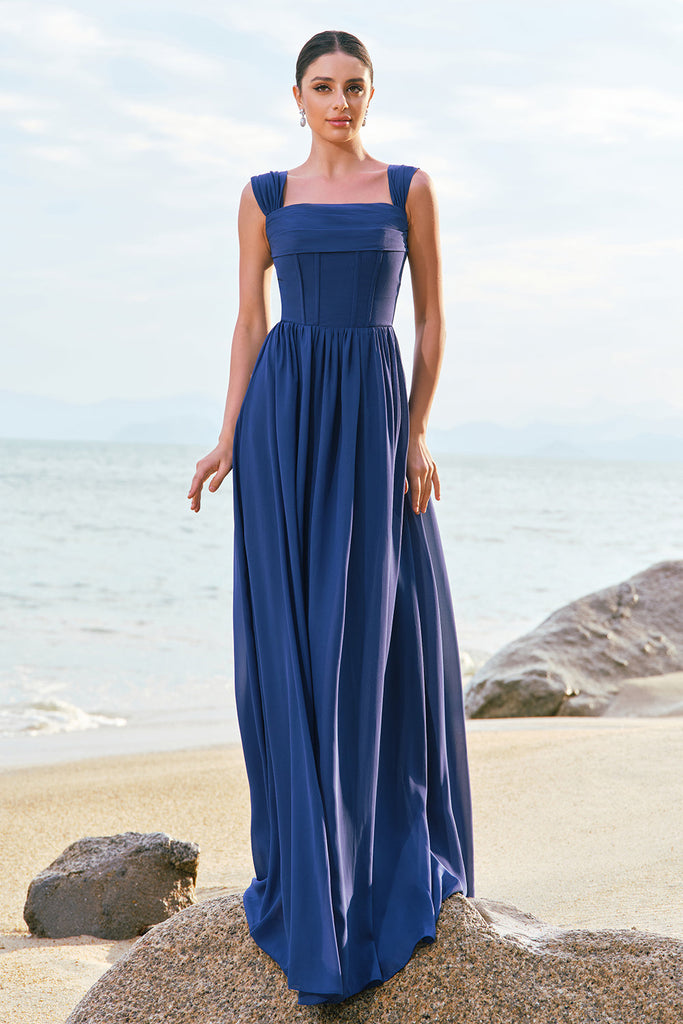 ZAPAKA Women Dark Blue Bridesmaid Dress with Lace Up Back A-Line Square