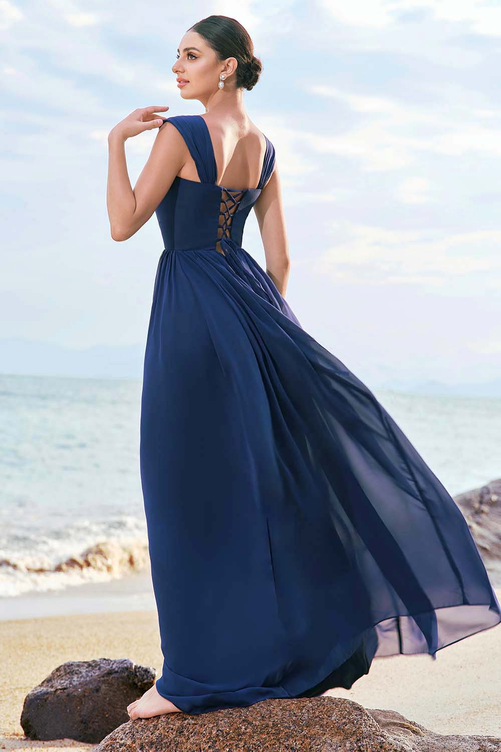 ZAPAKA Women Dark Blue Bridesmaid Dress with Lace Up Back A-Line Square Neck Corset Long Wedding Guest Dress