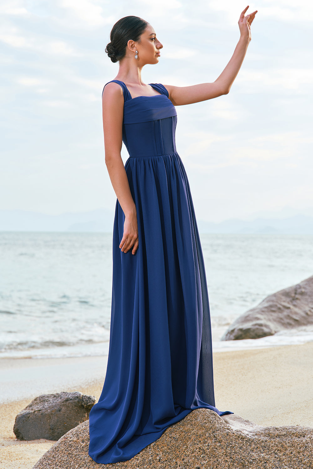ZAPAKASA Women Dark Blue Long Bridesmaid Dress with Lace Up Back A-Line Square Neck Corset Wedding Party Dress ZAPAKASA Women Dark Blue Long Bridesmaid Dress with Lace Up Back A-Line Square Neck Corset Wedding Party Dress