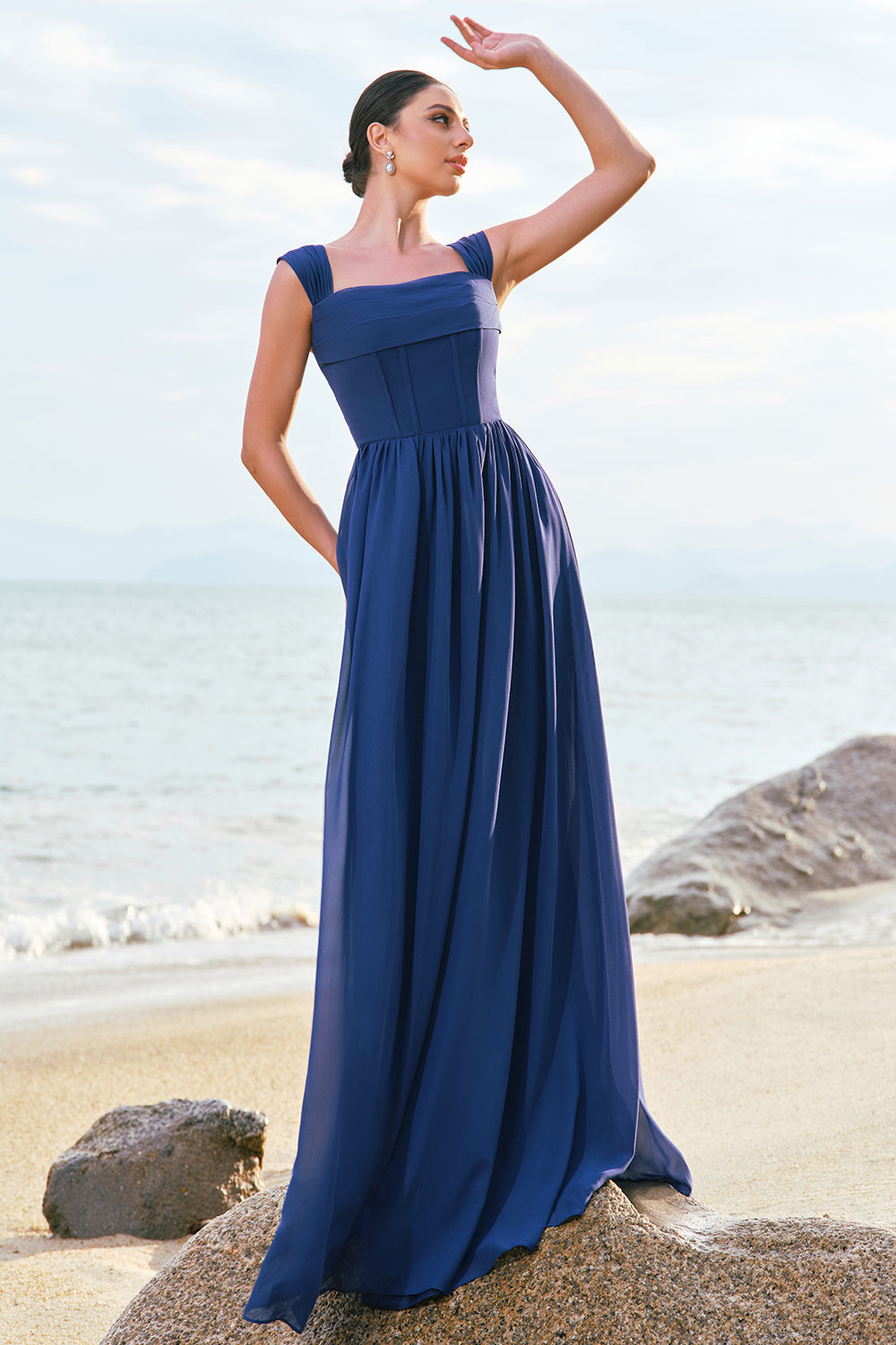 ZAPAKASA Women Dark Blue Long Bridesmaid Dress with Lace Up Back A-Line Square Neck Corset Wedding Party Dress ZAPAKASA Women Dark Blue Long Bridesmaid Dress with Lace Up Back A-Line Square Neck Corset Wedding Party Dress