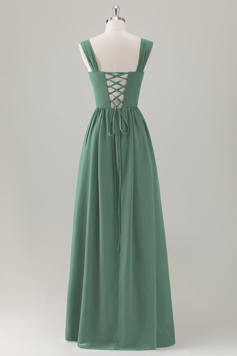 Champagne A-Line Square Neck Corset Long Bridesmaid Dress with Lace Up Back