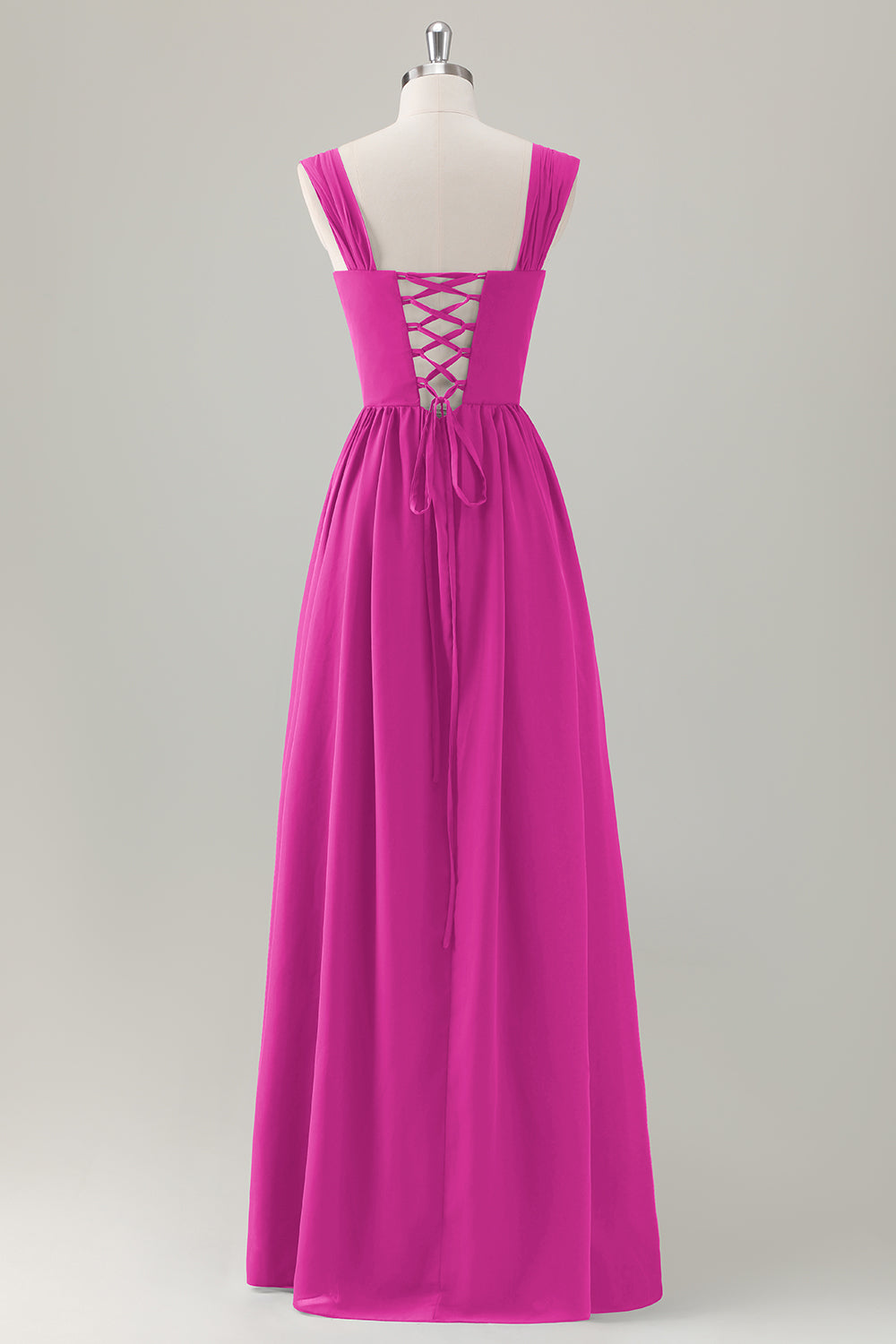Champagne A-Line Square Neck Corset Long Bridesmaid Dress with Lace Up Back