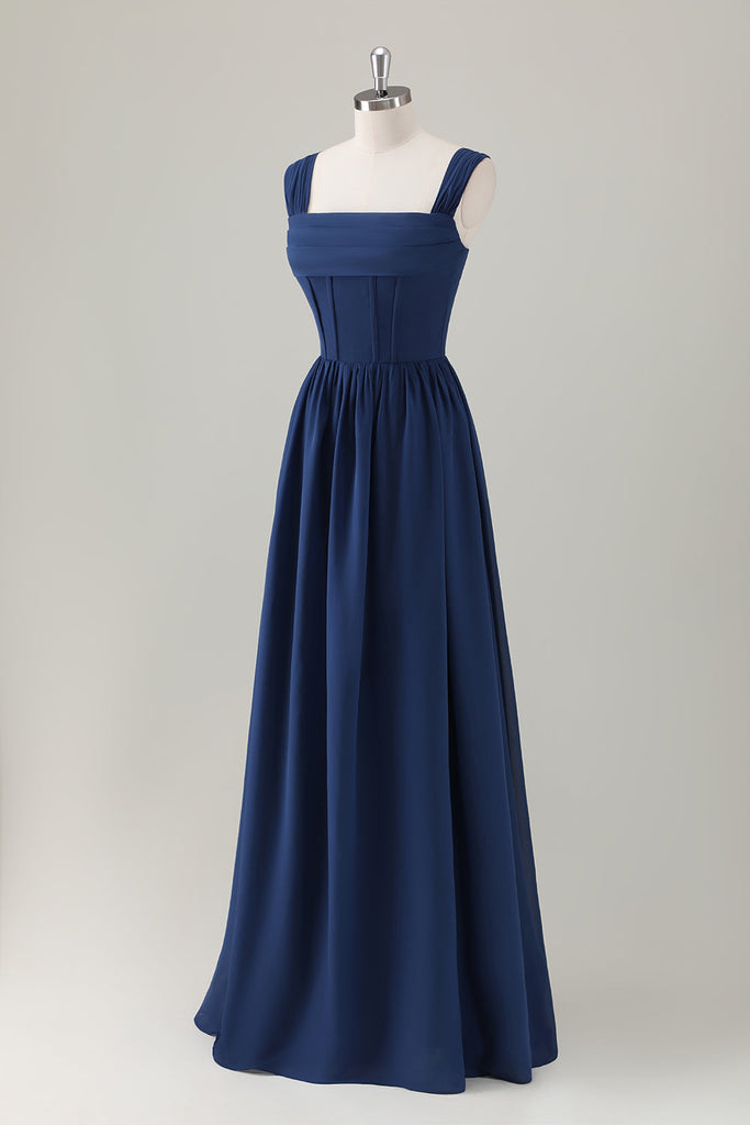 ZAPAKA Women Dark Blue Bridesmaid Dress with Lace Up Back A-Line Square