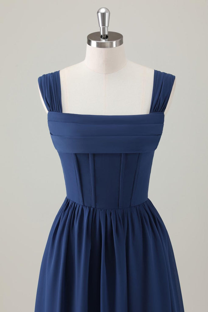 ZAPAKA Women Dark Blue Bridesmaid Dress with Lace Up Back A-Line Square