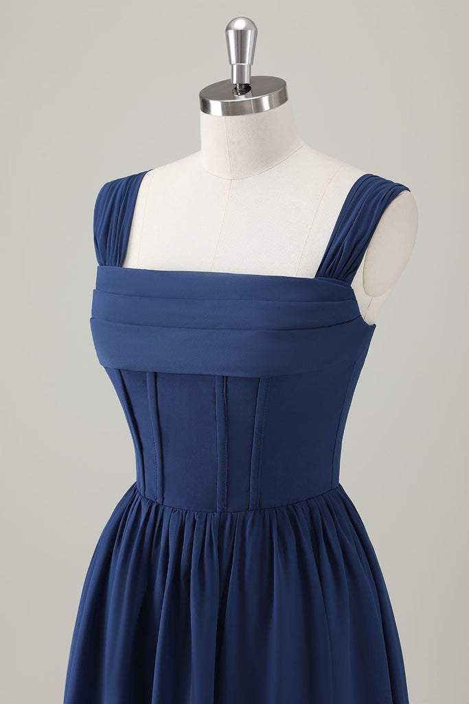 ZAPAKA Women Dark Blue Bridesmaid Dress with Lace Up Back A-Line Square