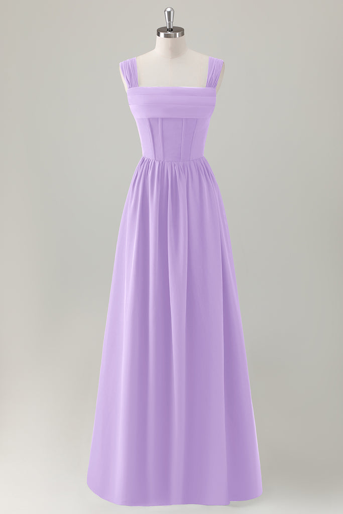 Dark Blue A-Line Square Neck Corset Lace Up Back Chiffon Long Bridesmaid Dress main image 0