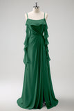 Eucalyptus A-Line Spaghetti Straps Chiffon Long Bridesmaid Dress with Slit